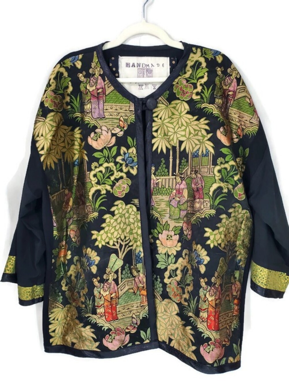 Embroidered Jacquard Tapestry Asian Handmade Jacket Floral Nature Motif L/XL